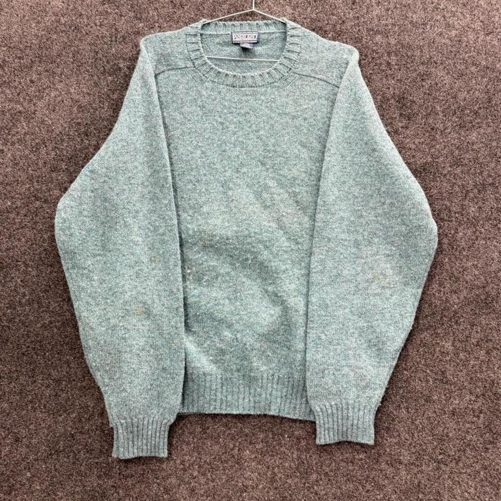 Lands End Pure Wool Sweater Mens XL Green Heather Knit Grandpa Crewneck
